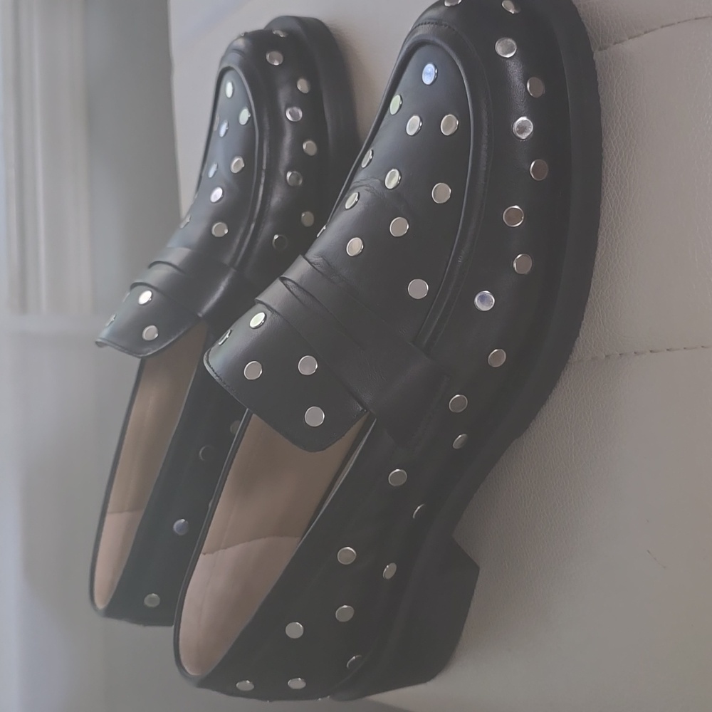 Stuart Weitzman Black and Silver Studded Loafers 9B